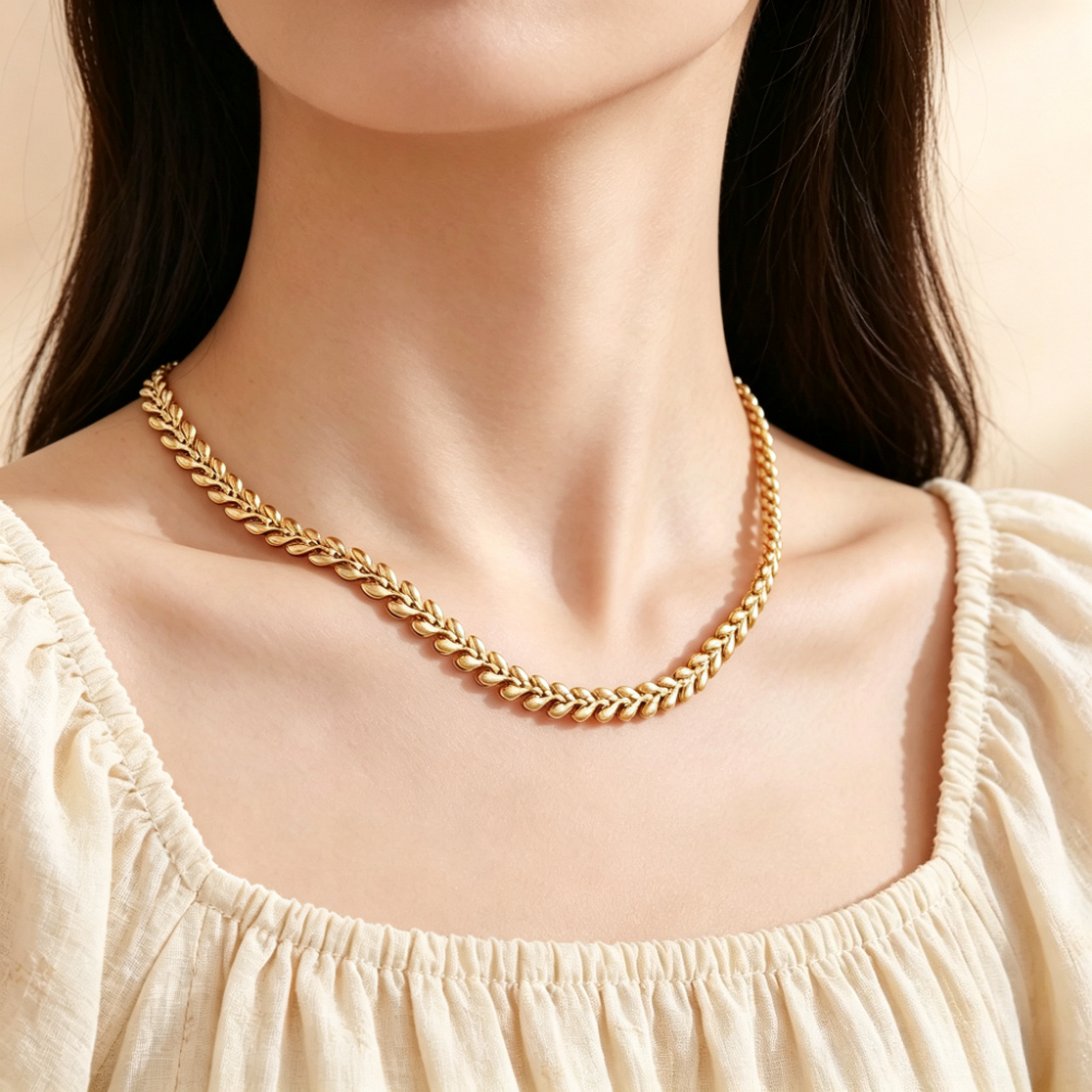 Women's Stainless Steel Heart Shaped Wheat Leaf Necklace, Casual Style